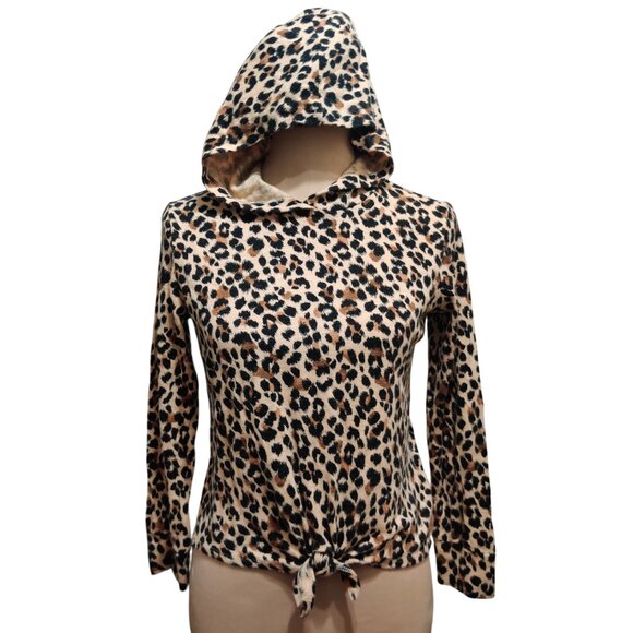 Old Navy Kids XL 14 16 Leopard Print Long Sleeve Hooded Tie Front Knit Top Cute - Picture 1 of 10
